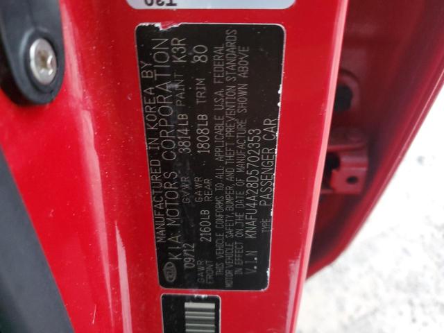 KNAFU4A28D5702353 - 2013 KIA FORTE EX RED photo 12