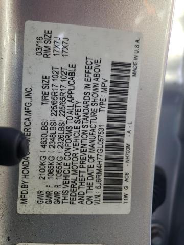 5J6RM4H77GL057531 - 2016 HONDA CR-V EXL SILVER photo 12