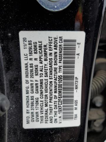 19XFC2F6XME001095 - 2021 HONDA CIVIC LX BLACK photo 12
