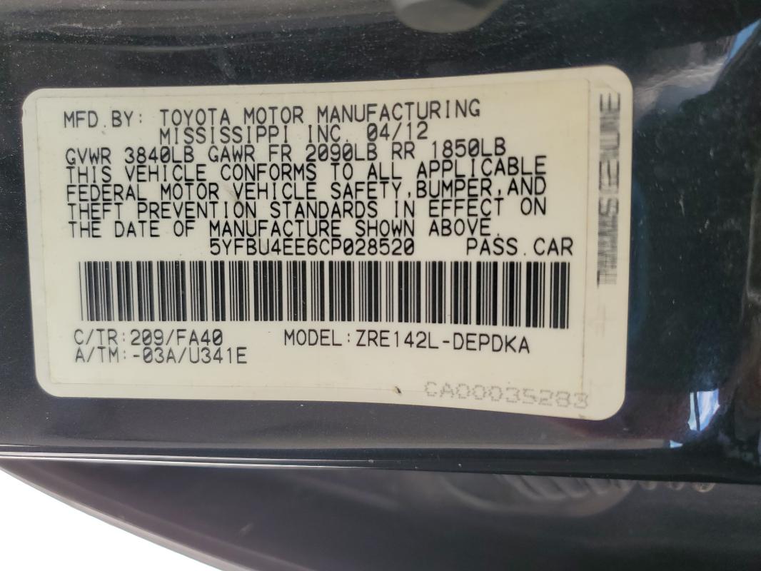 5YFBU4EE6CP028520 - 2012 TOYOTA COROLLA BASE BLACK photo 13