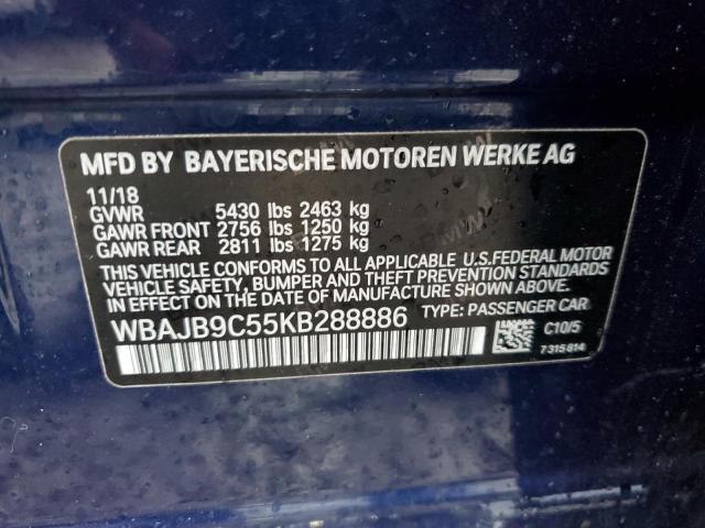 WBAJB9C55KB288886 - 2019 BMW M550XI BLUE photo 13