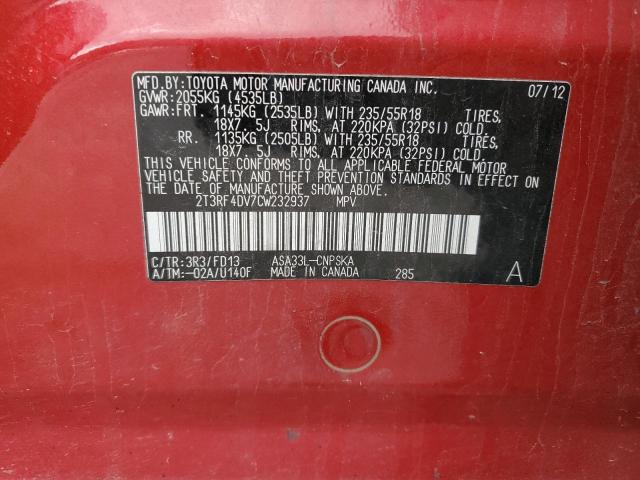 2T3RF4DV7CW232937 - 2012 TOYOTA RAV4 SPORT RED photo 12