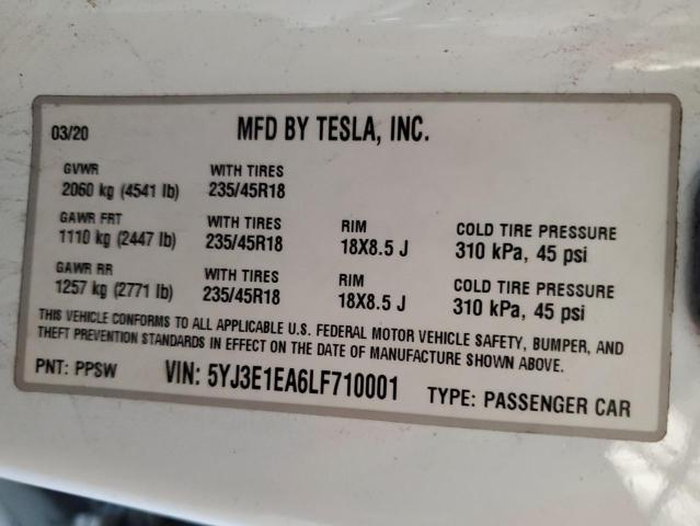 5YJ3E1EA6LF710001 - 2020 TESLA MODEL 3 Білий фото 12