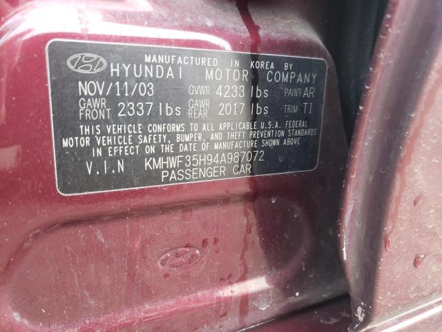 KMHWF35H94A987072 - 2004 HYUNDAI SONATA GLS RED photo 12