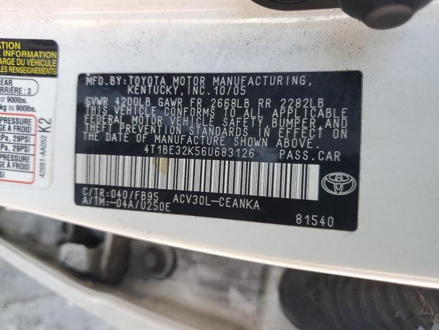 4T1BE32K56U683126 - 2006 TOYOTA CAMRY LE WHITE photo 12