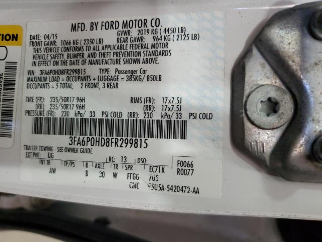 3FA6P0HD8FR299815 - 2015 FORD FUSION SE WHITE photo 12