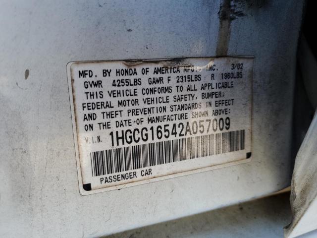 1HGCG16542A057009 - 2002 HONDA ACCORD EX WHITE photo 12