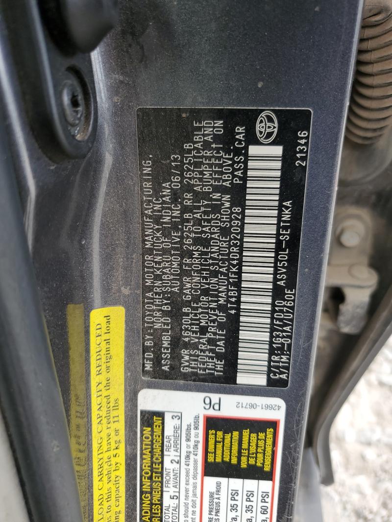 4T4BF1FK4DR320928 - 2013 TOYOTA CAMRY L GRAY photo 12