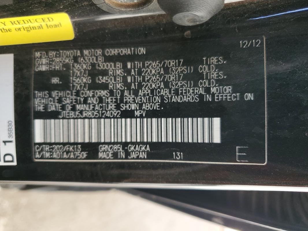 JTEBU5JR8D5124092 - 2013 TOYOTA 4RUNNER SR5 BLACK photo 13