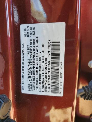 5FPYK3F75LB016534 - 2020 HONDA RIDGELINE RTL Bordo foto 12