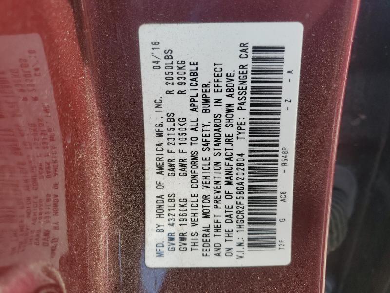 1HGCR2F58GA202804 - 2016 HONDA ACCORD SPORT 勃艮第红 照片 13