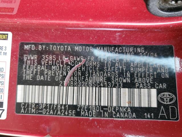 2T1BR32E55C413733 - 2005 TOYOTA COROLLA CE RED photo 12