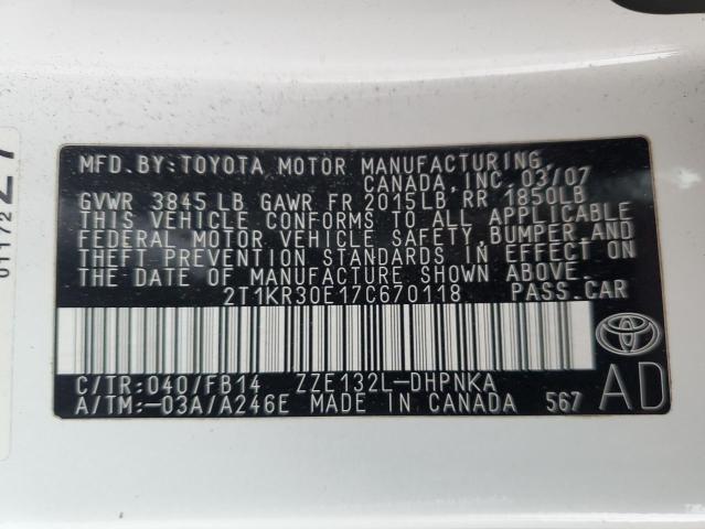 2T1KR30E17C670118 - 2007 TOYOTA COROLLA MA XR WHITE photo 13