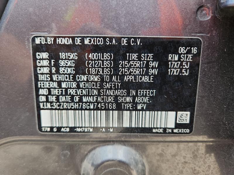 3CZRU5H78GM745168 - 2016 HONDA HR-V EXL ნაცრისფერი ფოტო 12