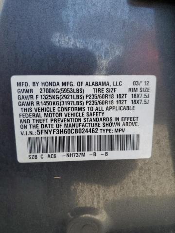 5FNYF3H60CB024462 - 2012 HONDA PILOT EXL ვერცხლისფერი ფოტო 13