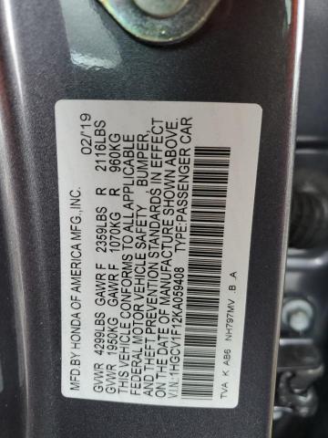 1HGCV1F12KA059408 - 2019 HONDA ACCORD LX GRAY photo 12