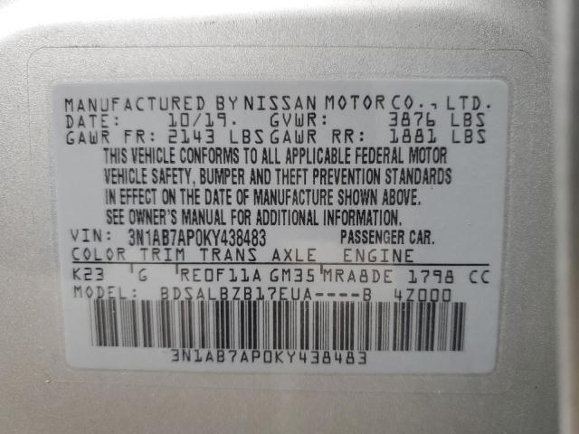 3N1AB7AP0KY438483 - 2019 NISSAN SENTRA S SILVER photo 13