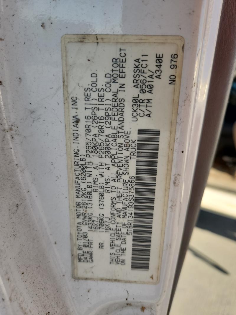 5TBRT34193S375866 - 2003 TOYOTA TUNDRA ACCESS CAB SR5 WHITE photo 13