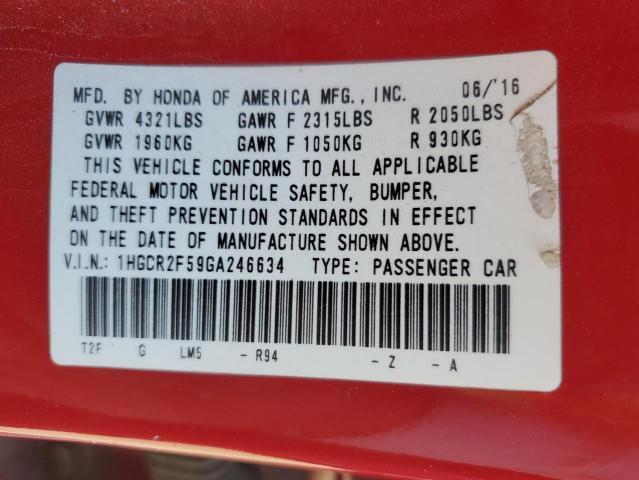 1HGCR2F59GA246634 - 2016 HONDA ACCORD SPORT Kırmızı fotoğraf 13