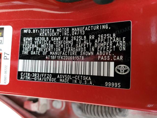 4T1BF1FK2DU691578 - 2013 TOYOTA CAMRY L RED photo 12