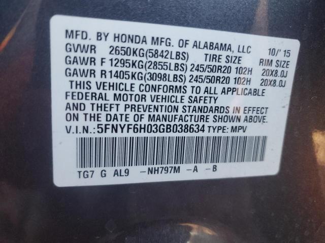 5FNYF6H03GB038634 - 2016 HONDA PILOT ELITE GRAY photo 13