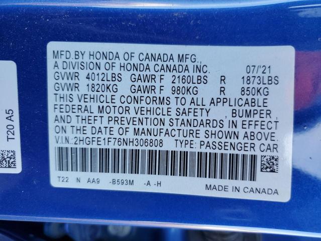 2HGFE1F76NH306808 - 2022 HONDA CIVIC EX BLUE photo 12