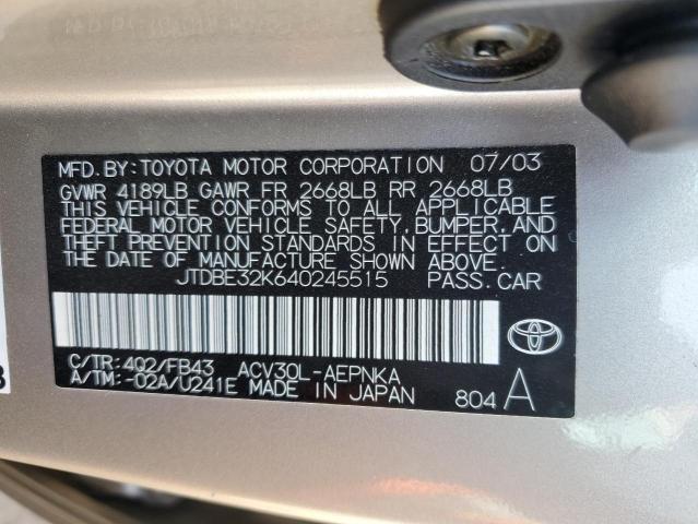 JTDBE32K640245515 - 2004 TOYOTA CAMRY LE TAN photo 12