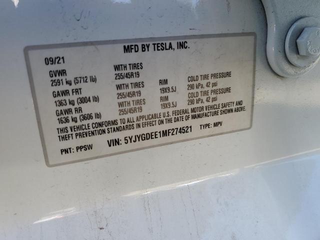 5YJYGDEE1MF274521 - 2021 TESLA MODEL Y أبيض صورة 14