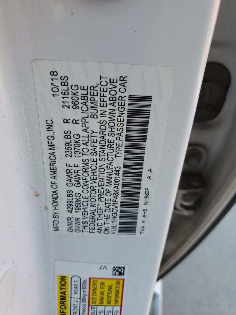 1HGCV1F48KA001443 - 2019 HONDA ACCORD EX Weiß Foto 13