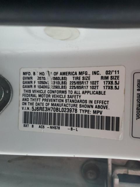 5J6RE3H70BL023978 - 2011 HONDA CR-V EXL WHITE photo 14