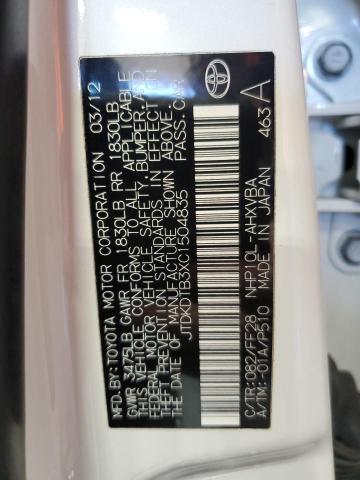 JTDKDTB3XC1504835 - 2012 TOYOTA PRIUS C WHITE photo 12