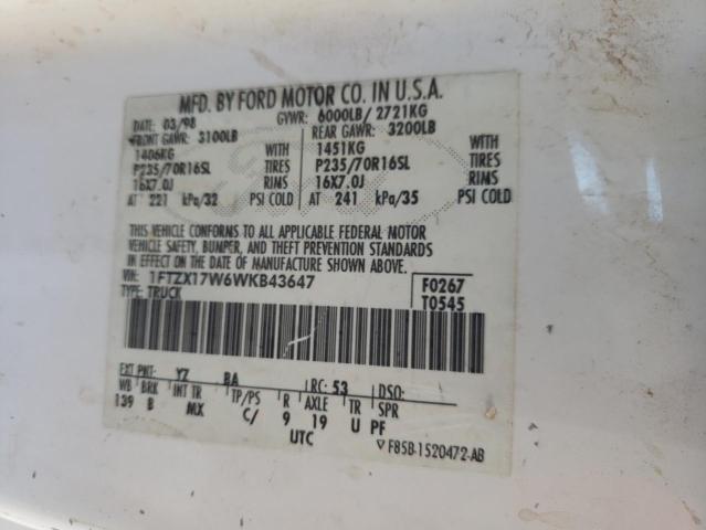 1FTZX17W6WKB43647 - 1998 FORD F150 WHITE photo 12