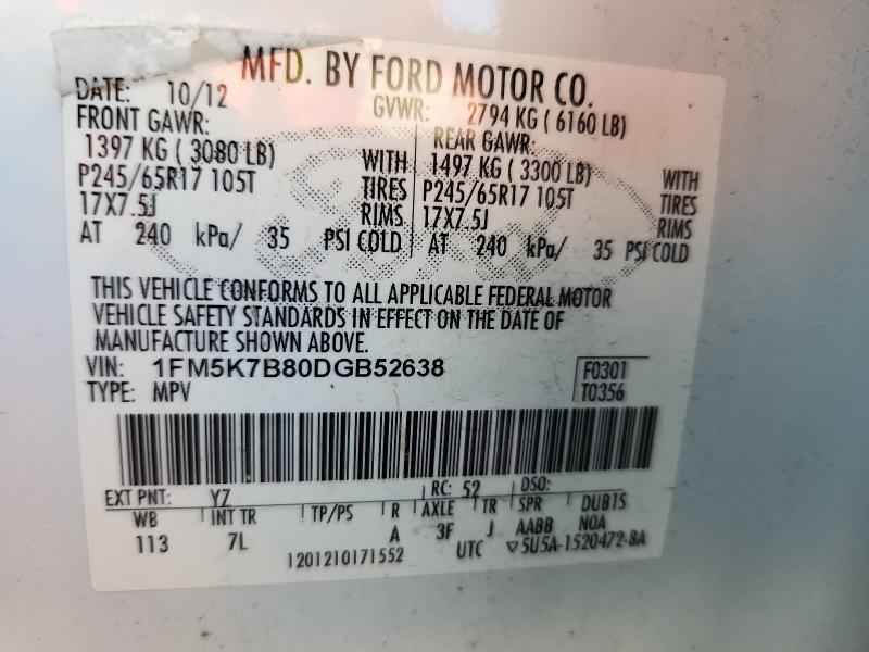 1FM5K7B80DGB52638 - 2013 FORD EXPLORER WHITE photo 13