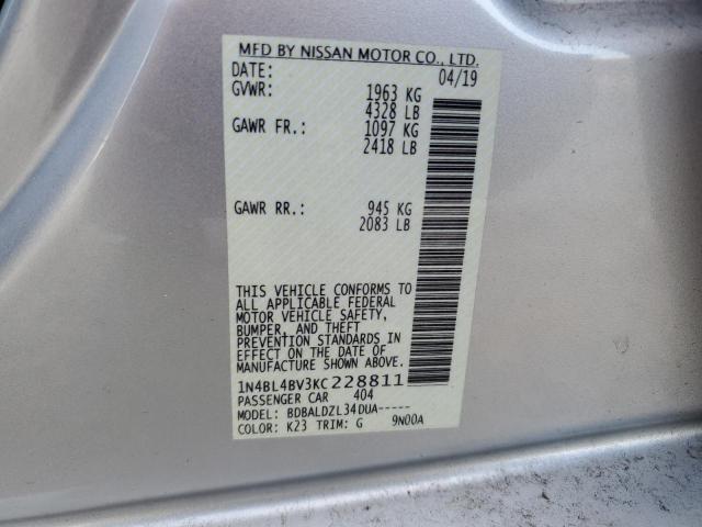 1N4BL4BV3KC228811 - 2019 NISSAN ALTIMA S SILVER photo 12