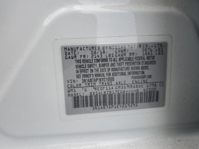 3N1AB7AP1KY219595 - 2019 NISSAN SENTRA S თეთრი ფოტო 12