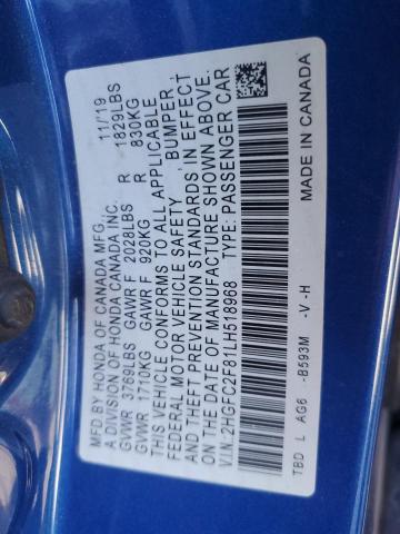 2HGFC2F81LH518968 - 2020 HONDA CIVIC SPORT Көк фото 13