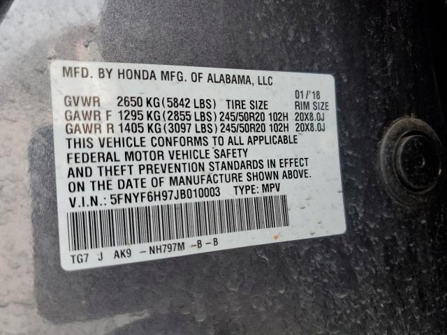 5FNYF6H97JB010003 - 2018 HONDA PILOT TOURING GRAY photo 12