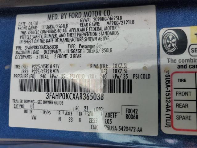 3FAHP0KCXAR365038 - 2010 FORD FUSION SPORT BLUE photo 12