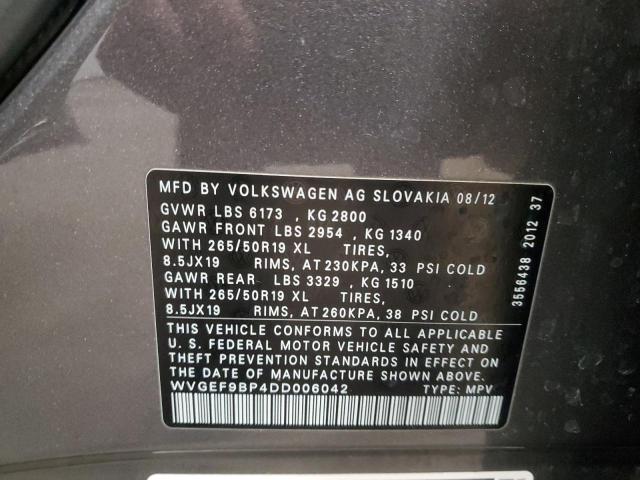 WVGEF9BP4DD006042 - 2013 VOLKSWAGEN TOUAREG V6 灰色 照片 13
