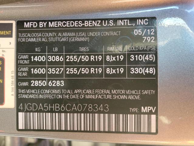 4JGDA5HB6CA078343 - 2012 MERCEDES-BENZ ML 350 4MATIC GRAY photo 12
