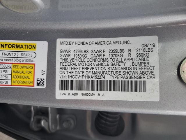 1HGCV1F11KA152274 - 2019 HONDA ACCORD LX Күміс фото 12