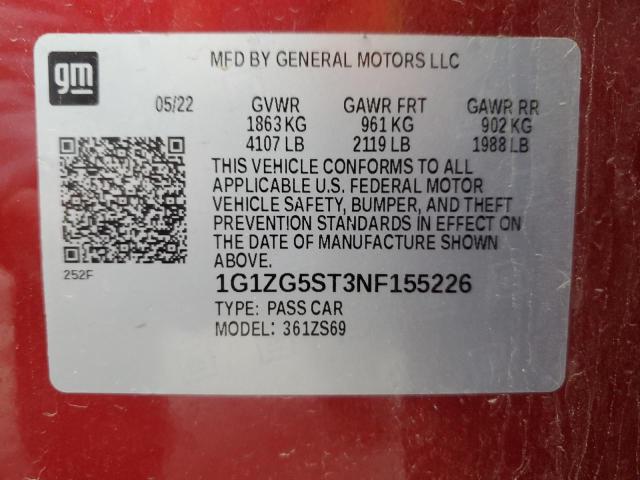 1G1ZG5ST3NF155226 - 2022 CHEVROLET MALIBU RS 红色 照片 12