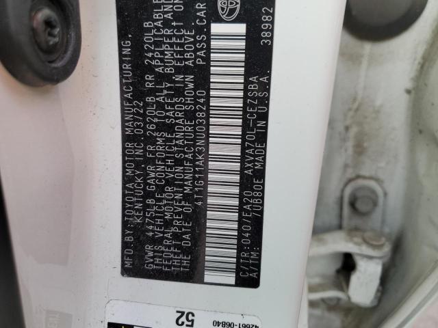 4T1G11AK3NU038240 - 2022 TOYOTA CAMRY SE WHITE photo 13