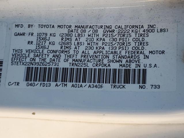 5TETX22N39Z625731 - 2009 TOYOTA TACOMA ACCESS CAB Beyaz fotoğraf 12