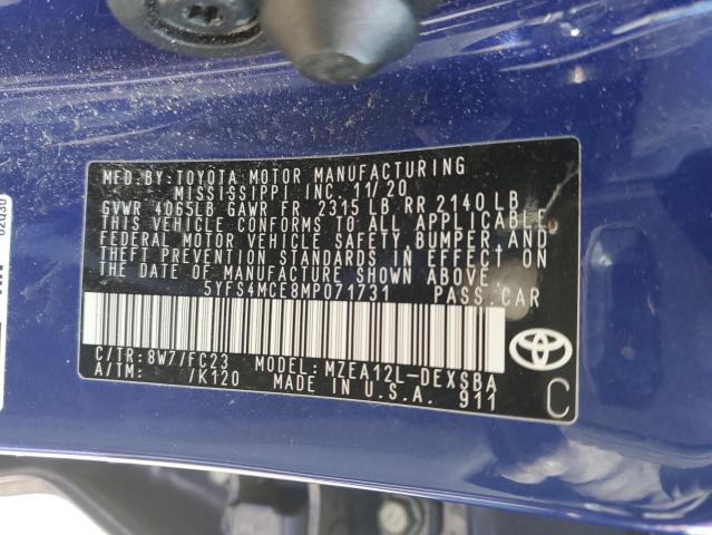 5YFS4MCE8MP071731 - 2021 TOYOTA COROLLA SE BLUE photo 12