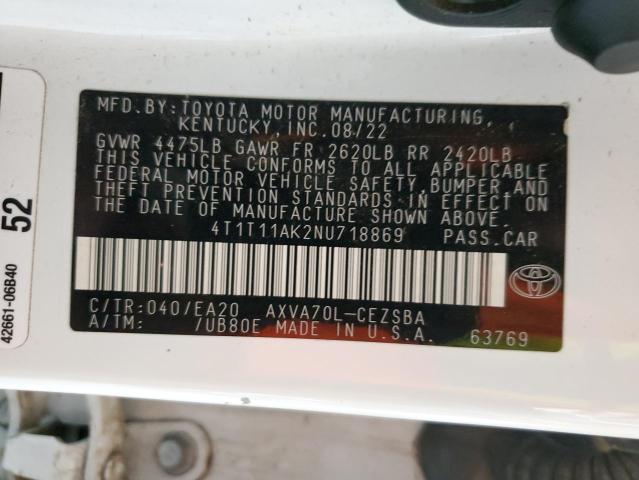 4T1T11AK2NU718869 - 2022 TOYOTA CAMRY SE თეთრი ფოტო 12
