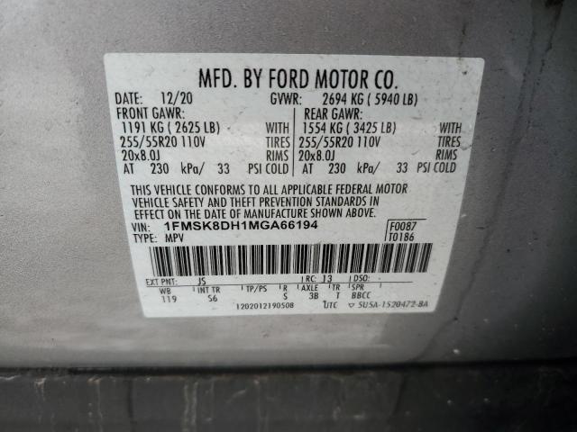 1FMSK8DH1MGA66194 - 2021 FORD EXPLORER XLT SILVER photo 14