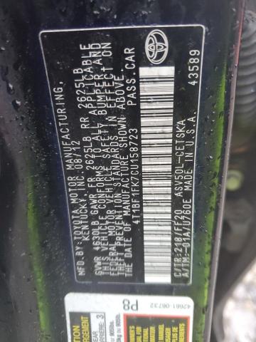 4T1BF1FK7CU158723 - 2012 TOYOTA CAMRY BASE BLACK photo 12