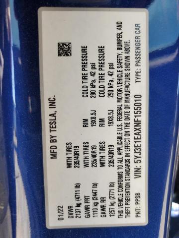 5YJ3E1EAXNF155010 - 2022 TESLA MODEL 3 蓝色 照片 12