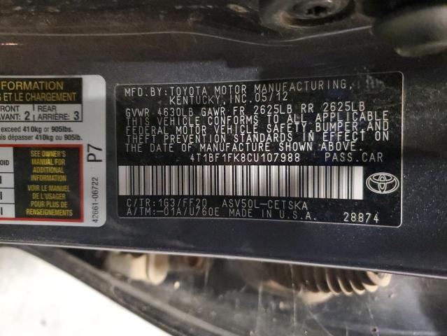 4T1BF1FK8CU107988 - 2012 TOYOTA CAMRY BASE GRAY photo 12